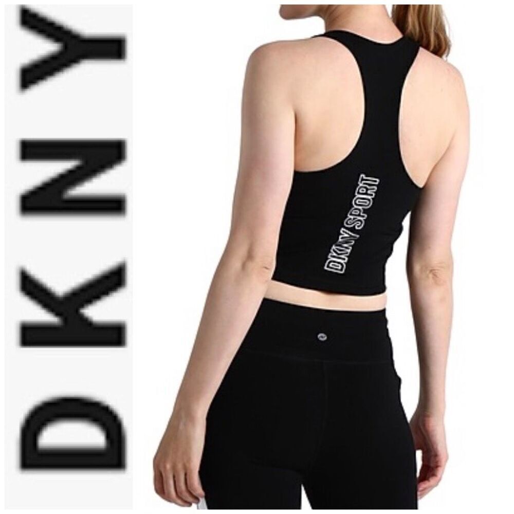 DKNY SPORT - MWT - L Sz XL Racerback Metallic Logo Cropped Tee in Black